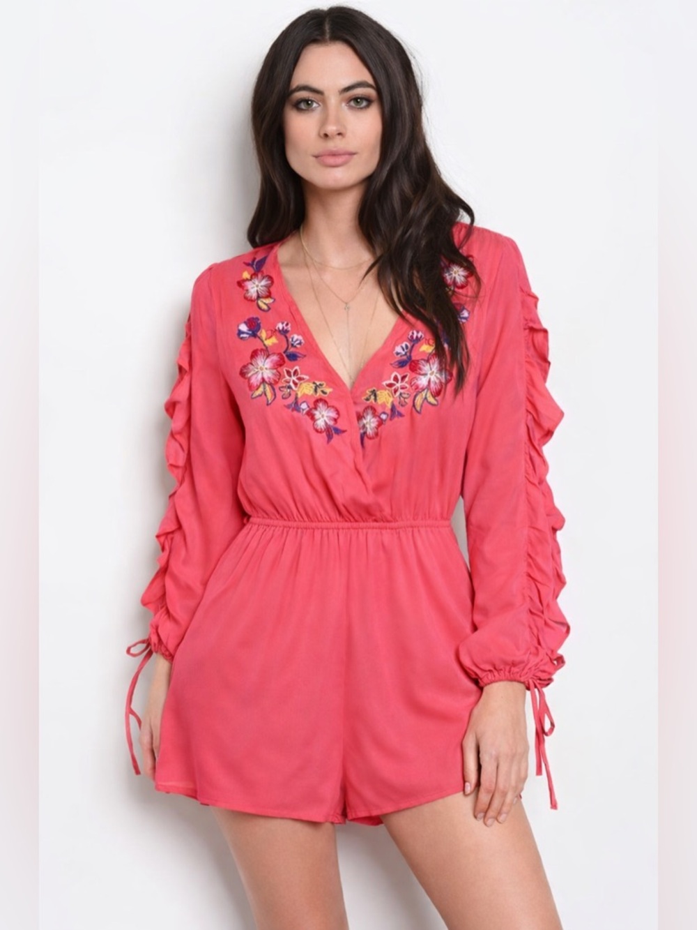 Flying Tomato Pink Floral Embroidered Romper Ruffle Sleeve Boho Chic🌸